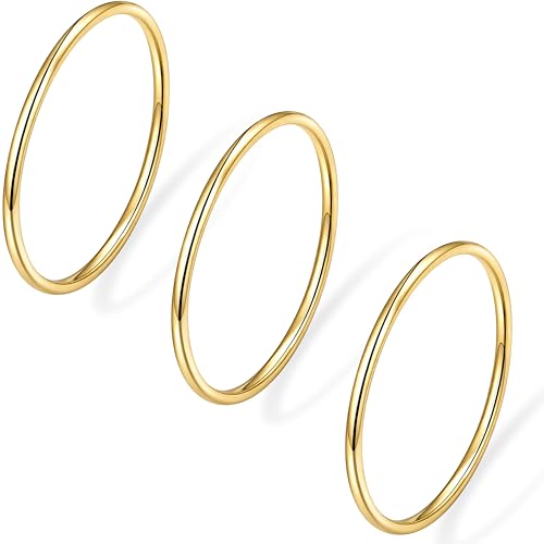 Gold Band Rings for Women Men Non Tarnish, Wedding 14K Gold Plated Stackable Ring Set for Couples, Dainty Thin Plain Simple Promise Dome Band Thumb Pinky 1mm 3mm 5mm Jewelry Gift Comfort Fit Size 3-13 - color: Gold-1mm 3PCS, size: 4