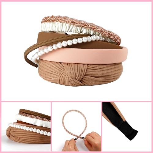 7 Pcs Headbands for Women Non Slip Headband Brown Knotted Headband for Women Pearl Headbands Different Fashion Headbands Hair Accessories - color: Brown