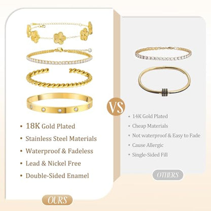 MOINSPIRE Gold Bracelets for Women, 18K Gold Plated Tennis Nail Clover love Bangle Bracelets Set Non Tarnish, Stainless Steel Trendy Stackable Bracelet Fashion Jewelry Accessories Gifts for Christmas - color: B1-Gold