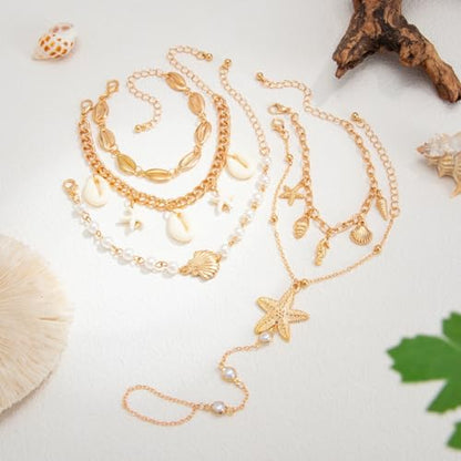 Beach Starfish Shell Pendant Hand Chain Layered Bracelet with Finger Ring for Women Gold-Plated Stackable Faux Pearls Beaded Chain Bracelets 5PCS Set Summer Trendy Jewelry Adjustable Vacation Gifts
