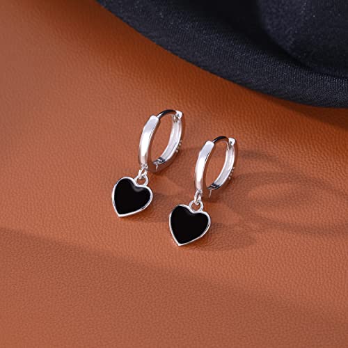 SLUYNZ Sterling Silver Black Heart Hoop Earrings for Women Teens Love Heart Hoop Earrings Huggie - color: A-SILVER