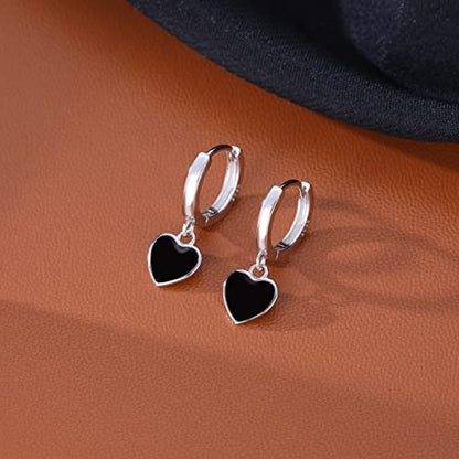 SLUYNZ Sterling Silver Black Heart Hoop Earrings for Women Teens Love Heart Hoop Earrings Huggie - color: A-SILVER