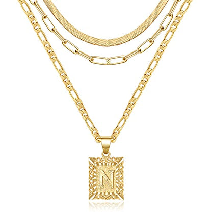KissYan Gold Layered Initial Necklace Set for Women | 14K Gold/White Gold Plated Letter Pendant with Paperclip Snake Figaro Choker Chain, Alphabets from A-Z Jewelry Gifts - color: 3PCS, style: N