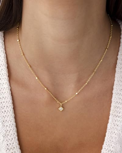 PAVOI 14K Gold Plated Dainty Bezel Set Solitaire Pendant Necklace for Women | Beaded Chain Necklace, Statement Necklace with Round, Princess, Marquise Cubic Zirconia Pendant - color: White Gold, style: Princess