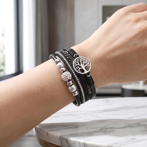 Multi-Layer Bracelets for Women Leather Wrap Bracelet Ethnic Style Layered Beads Cuff Boho Bangle for Everyday Wear Jewelry Gift - color: Black