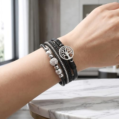 Multi-Layer Bracelets for Women Leather Wrap Bracelet Ethnic Style Layered Beads Cuff Boho Bangle for Everyday Wear Jewelry Gift - color: White
