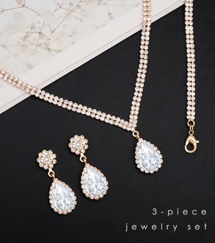 Elegant Silver Crystal Wedding Necklace Earrings Bracelet Jewelry Set for Women Brides Bridesmaids Prom Party Costume Accessory Bridal Jewelry - color: gold tone-white