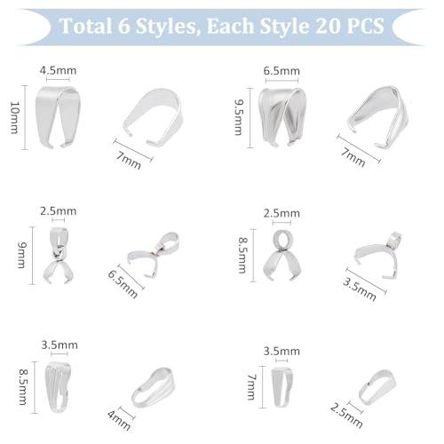 UNICRAFTALE 120pcs 6 Styles 304 Stainless Steel Pendant Pinch Bails Ice Pick Pinch Bails Clasp Dangle Charm Bead Pendant Jewelry Finding Connector Bail for Jewelry Making 7-10mm Long - color: Stainless Steel Color- 6 Styles