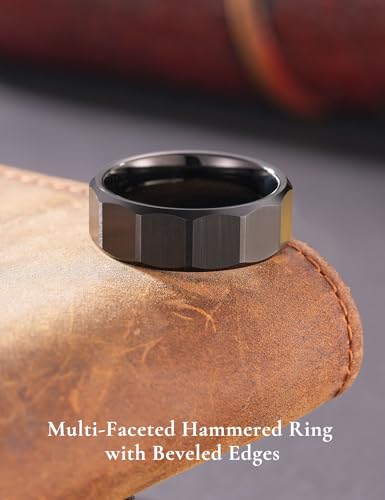 King Will Classic Tungsten Carbide Ring Brushed Two Grooved Center Hammered Design Mens Wedding Band for Men | Black/Silver/Gold, 8mm, Men's Wedding Band, Grooved, Comfort Fit, Everyday Wear - color: E-Black Hammerd Design