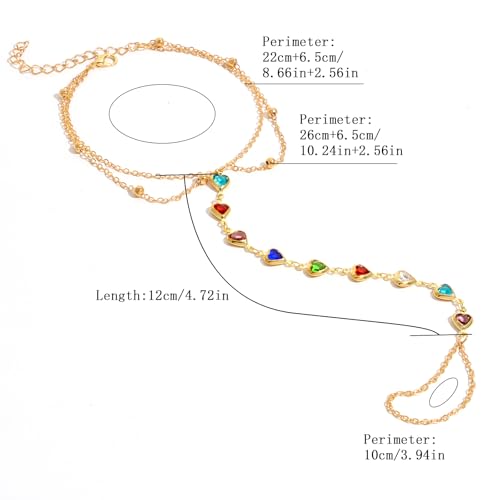 Golden-Tone Link Chain Anklet and Toe Ring Jewelry set for women | Adjustable Link Chain Anklets Jewelry set Colorful Crystal Charms, Star and Heart Accents Summer Beach Boho Foot Jewelry - color: Golden