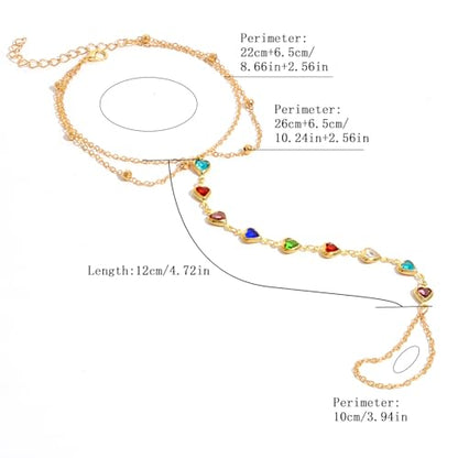 Golden-Tone Link Chain Anklet and Toe Ring Jewelry set for women | Adjustable Link Chain Anklets Jewelry set Colorful Crystal Charms, Star and Heart Accents Summer Beach Boho Foot Jewelry - color: Golden