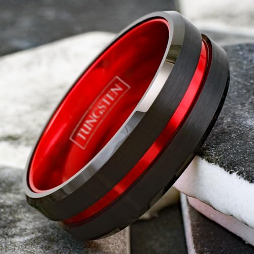 Awesome 6mm/8mm Brushed Satin Finish Black Tungsten Carbide Band Ring with Red Anodized Aluminum Inner Band & Recessed Stripe.