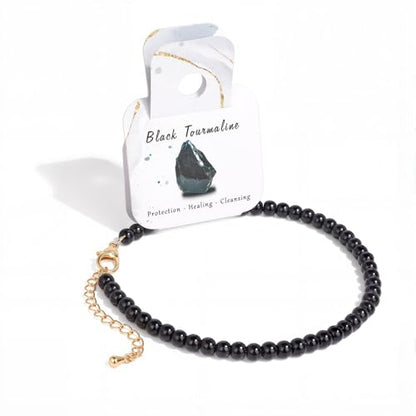 Natural Stone Beaded Anklets for Women, Handmade Boho Clear Quartz 4mm Crystal Beads Anklet, Gold Chain Adjustable Ankles Bracelet, Beach Summer Jewelry Gemstone Foot Bracelet Gift - color: Black tourmaline