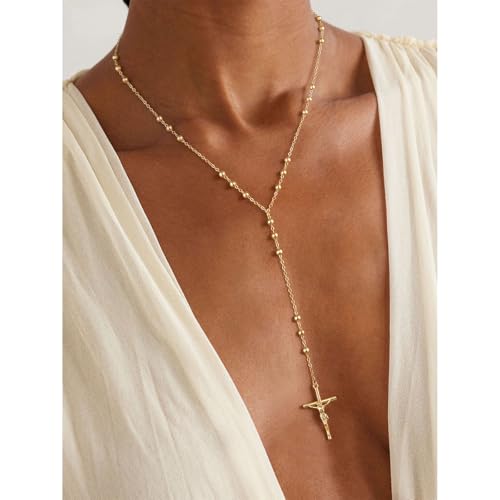 Lariat Gold Necklace for Women, 14K Gold Plated Dainty Drop Y Necklace, Waterproof Non Tarnish Long Layered Beaded Chain Lariat Necklace Prom Jewelry Summer Vacation Gift for Her - color: Gold-7