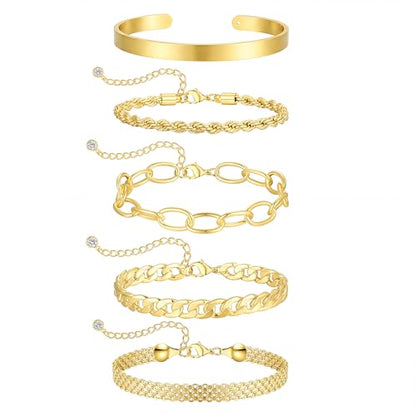 Dainty Bracelet for Women 14K Gold Plated Cross Pearl CZ Leaf Bracelets Set Gold Layering Bracelets Everyday Jewelry - color: 5 Layer Cuff Set -GD