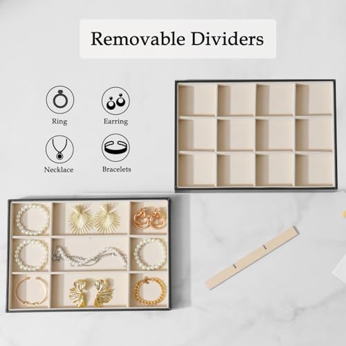 Large Jewelry Organizer Tray, Stackable Jewelry Storage Holder PU Leather Velvet Jewellery Display Case for Stud Earring Bracelet Necklace Ring (Black Beige, 12 Grids) - color: Black Beige