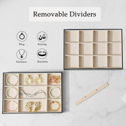 Large Jewelry Organizer Tray, Stackable Jewelry Storage Holder PU Leather Velvet Jewellery Display Case for Stud Earring Bracelet Necklace Ring (Black Beige, 12 Grids) - color: Black Beige