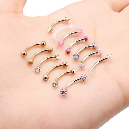 16g 8/10mm Silver/Black/Rose-Gold/Rainbow Eyebrow Piercing Jewelry Rings Curved Barbell Vertical Labret Lip Surgical Steel Small Belly Button Snake Eyes Tongue Rook Earrings for Women Men - color: Rose Gold / Pink, size: 16g*10mm*3mm