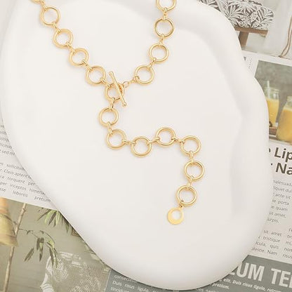 Aobei Pearl 18K Gold or Platinum Long Chain Necklace for Women Chunky Statement Chain Link Necklace Adjustable Geometric Open Chain Layering Jewelry - color: Gold Round Chain