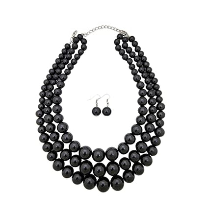 Simulated Pearl Necklace & Earring Set, Multi Strand - color: Black
