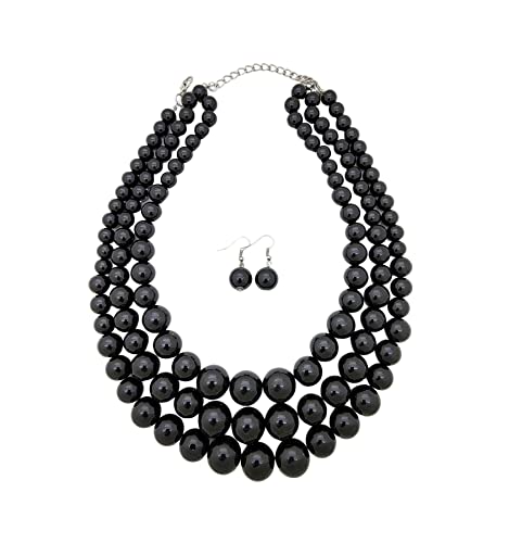 Simulated Pearl Necklace & Earring Set, Multi Strand - color: Black