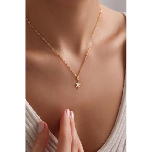 Gold Necklace for Women, Dainty 14K Gold Plated Pendant Necklaces for Women Trendy Simple Choker Chain Cubic Zirconia Circle/Interlocking/Sun/Pearl Necklace Fashion Jewelry Charm Gifts - color: Eight-pointed Star Pendant