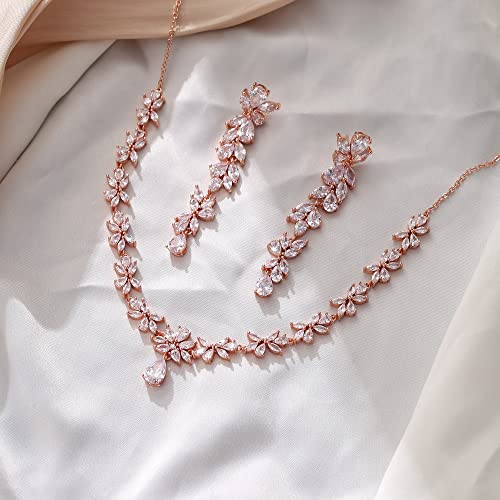 Crysdue Women's Wedding Bridal Jewelry Set for Brides Bridesmaids Cubic Zirconia Flower Leaf Vine Necklace Dangle Earrings for Prom Party - style: 14-rose gold