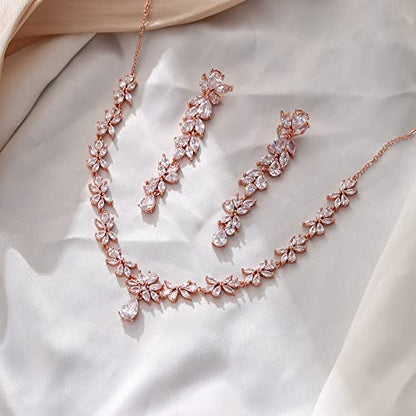 Crysdue Women's Wedding Bridal Jewelry Set for Brides Bridesmaids Cubic Zirconia Flower Leaf Vine Necklace Dangle Earrings for Prom Party - style: 14-rose gold