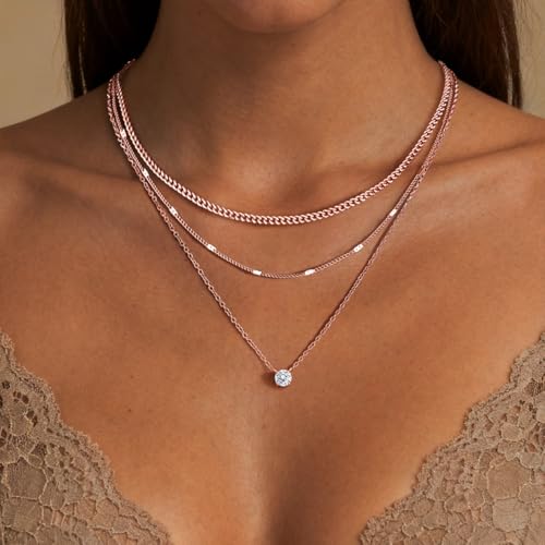 WomenGifts Layered Gold Necklaces for Women, 14K Gold Sterling Silver Plated Dainty Pendant Necklace Set Non Tarnish, Chunky Stackable Cuban Chain Choker, Trendy Birthstone Vacation Jewelry Gift - color: Rose Gold, style: Cubic Zirconia