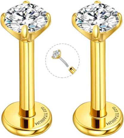 Threadless Flat Back Earrings for Tragus, Helix, Conch, Daith, Cartilage Piercings - G23 Titanium Flatback Stud Earrings with Grade AAAAA Cubic Zirconia - Threadless Flat Back Nose Stud Push Pin Ring Earring Studs (18g, 16g, 20g - 6mm, 8mm) - color: Gold,
