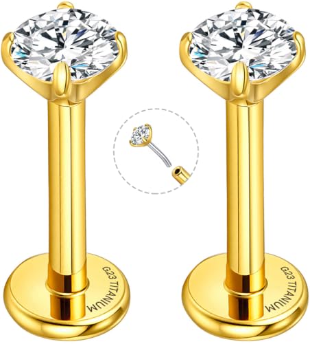 Threadless Flat Back Earrings for Tragus, Helix, Conch, Daith, Cartilage Piercings - G23 Titanium Flatback Stud Earrings with Grade AAAAA Cubic Zirconia - Threadless Flat Back Nose Stud Push Pin Ring Earring Studs (18g, 16g, 20g - 6mm, 8mm) - color: Gold,