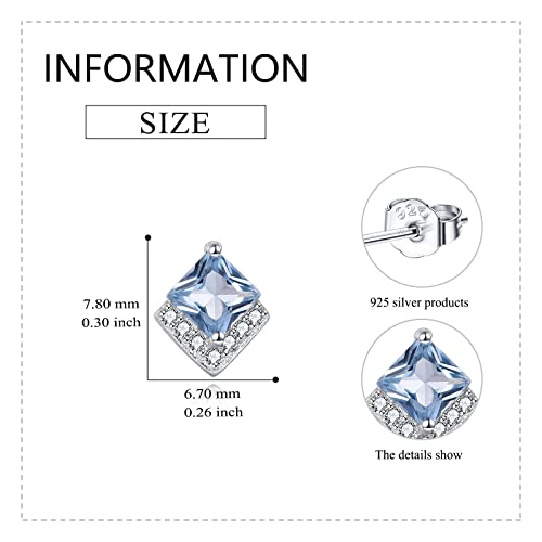 Birthstone Stud Earrings Sterling Silver Square Created Crystal Earrings Cubic Zirconia Hypoallergenic Piercing Jewelry Small Gifts for Women Mothers - color: Mar-Aquamarine