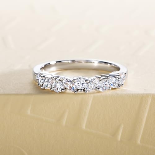Cubic Zirconia Half Eternity Wedding Band Rings Round/Oval/Cushion Cut 5/6 Stones 5A Grade D Color CZ Stacking Band Engagement Promise Rings for Women - style: Raound & Marquise