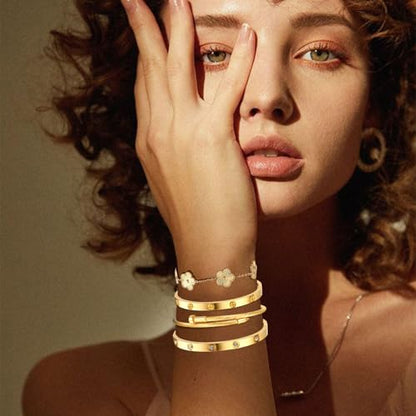 Womens Stackable Floral Gold Bracelets - 4Pcs 18K Gold Plated Bracelet,Stainless Steel Bangle Bracelets Non Tarnish, Gold Bracelet Set Trendy Jewelry,Christmas Valentines Birthday Gifts for Girlfriend - color: Bracelets Stack 4Sets (Floral Gold Bracelets,