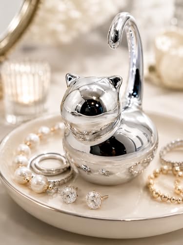 Cat Ring Holder Jewelry Dish–White & Silver Fat Cat Ceramic Trinket Tray,Birthday,Wedding,Graduation Gift for Women & Girls,Rings Earrings Necklaces Bracelets–Vanity,Nightstand,Dresser,Bathroom - color: Fat Cat