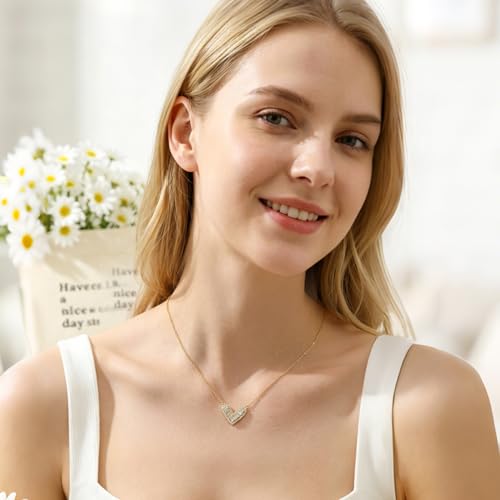 Cubic Zirconia Heart Pendant Necklace, 14K Gold Plated Pave Heart Necklace for Women, Faux Diamond Heart Pendant Necklace, Valentine’s Day, Birthday & Anniversary - color: X-4645 14K Gold