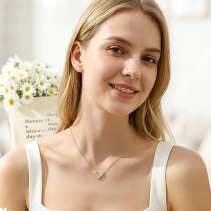 Cubic Zirconia Heart Pendant Necklace, 14K Gold Plated Pave Heart Necklace for Women, Faux Diamond Heart Pendant Necklace, Valentine’s Day, Birthday & Anniversary - color: X-4645 14K Gold