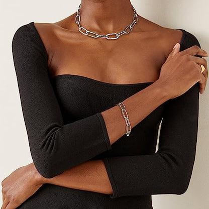 LANE WOODS Chunky Gold Necklace and Bracelet Set for Women, Paperclip Chain | Matching necklace and bracelet set, polished paperclip links, chunky statement style for layering, daily wear, and gifting - color: silver