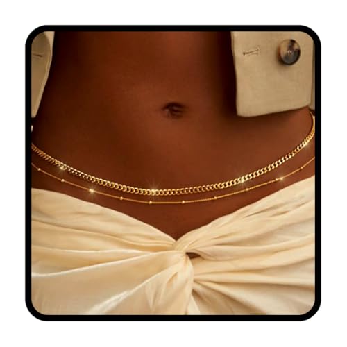 Tgirls Gold Waist Chain for Women Rhinestone Layered Belly Chains Beads Body Chain Heart-Shaped Beach Body Jewelry for Summer - style: 2 Layers