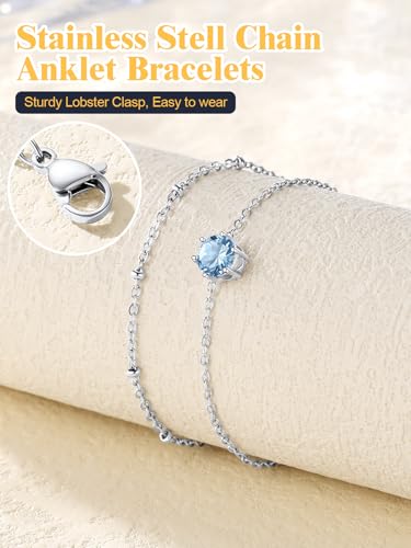 U7 Silver Ankle Bracelet for Women, Waterproof Layered Ankle Round Gem Birthstone Anklets, Summer Beach Foot Jewelry, Adjustable 8.5"-10.5" - color: 03.March-Aquamarine Blue