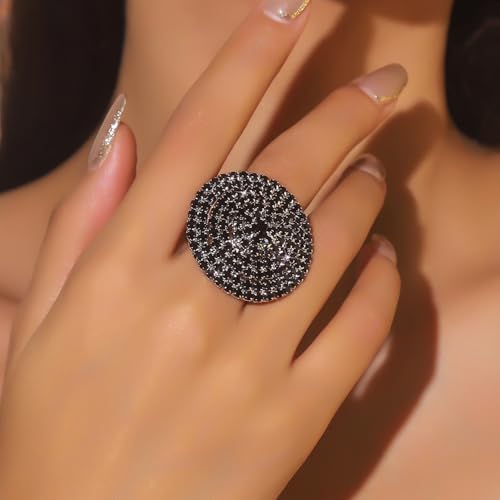 Cubic Zirconia Round Large Statement Open Ring for Women Sparkling Crystal Cluster Wedding Bridal Promise Adjustable Comfort Fit Finger Band Dainty Cocktail Party Jewelry for Bride Wife Eternity Rings - color: Black CZ