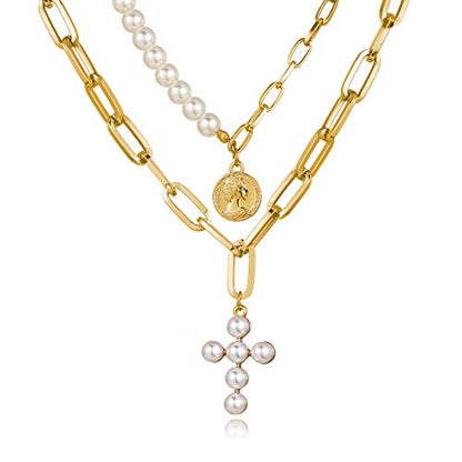 CSIYANJRY99 Layered Gold Necklaces for Women Chunky Gold Necklace Stack Layered Cuban Paperclip Snake Chain Necklace Retro Coin Dainty Pendant Toggle Clasp Necklace - style: Pearl Cross