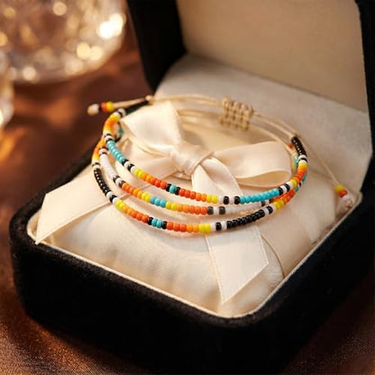 Seed Beaded String Rope Adjustable Bracelets Set for Women Men, Small Colorful Boho Rice 3Pcs Stack Handmade Thin Jewelry, Daily Beach Vacation Friendship Gift - color: Orange Blue F