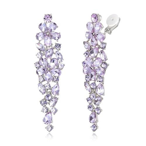 EleQueen Women's Sparkle Statement Clip-On Chandelier Earrings | Marquise Crystals Earrings for Women, Art Deco Prom Jewelry for Wedding Bride Bridesmaid - color: Light Purple Silver-Tone
