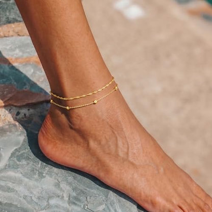 Robaice Ankle Bracelets for Women, 14K Gold Plated/Silver Layered Anklets | Waterproof Adjustable Anklet for Women, Summer Beach Anklet, Glitter Jewelry for Women Gifts - color: Gold-6