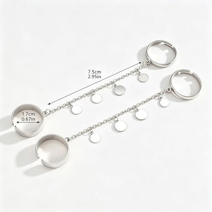 Chain Ring for Women Chunky Dangle Ring Two Finger Rings Crystal Statement Open Adjustable Finger Chain Rings Fashion Jewelry Accessories - color: silver