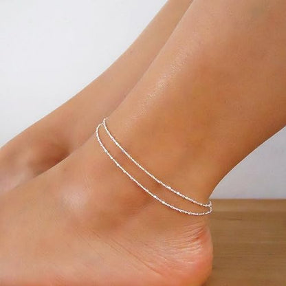 Pencros Dainty Layered Anklet,14K Gold Filled Cute Beads Satellite Chain Heart Boho Adjustable Anklets for Women - color: Layer Beads Silver