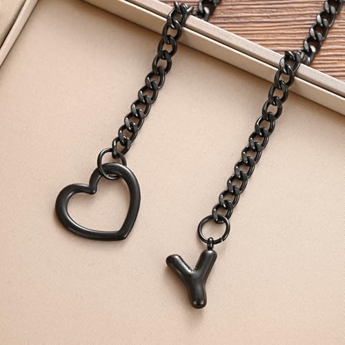 sroyte Black Heart Slip Chain Initial Necklaces for Women,Stainless Steel O-Ring Adjustable Lariat Heart Y-Necklace,Punk Gothic Cuban Collar Choker Necklace for women - color: Black Y