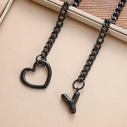 sroyte Black Heart Slip Chain Initial Necklaces for Women,Stainless Steel O-Ring Adjustable Lariat Heart Y-Necklace,Punk Gothic Cuban Collar Choker Necklace for women - color: Black Y