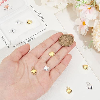 Beebeecraft 10Pcs Tiny Heart Charms 24K Gold & 925 Sterling Silver Plated Puffy Heart Charms Valentine Hearts Charm for Jewelry Making DIY Crafts Dangle Earring Bracelet - color: Gold & Silver